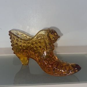 Fenton Art Glass Slipper Shoe Hobnail Amber Puss n Boots Figurine Vintage